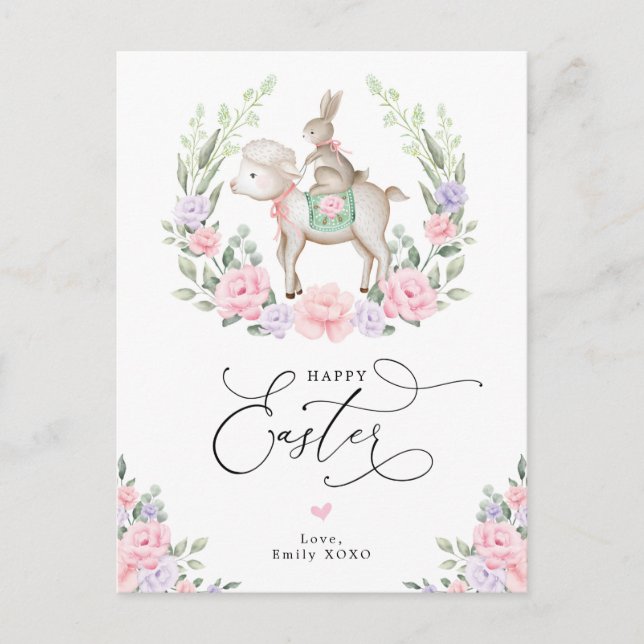 Purple Blush Floral Lamb Bunny Rabbit Happy Easter Postcard (Front)