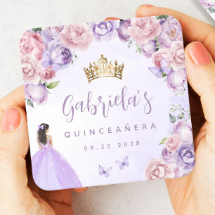 Purple Blush Floral Quinceañera Square Paper Coaster