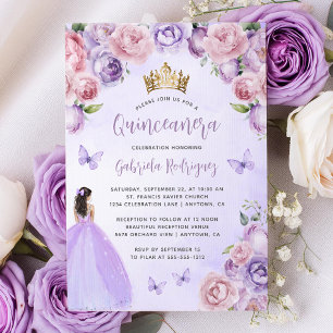 Purple Blush Floral Watercolor Quinceañera Invitation