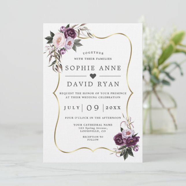 Purple Blush Flowers Gold All In One Wedding  Invitation (Standing Front)