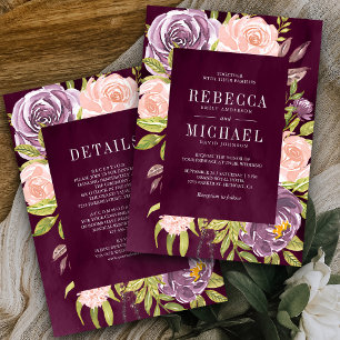 Purple Blush Pink Floral All in One Plum Wedding Invitation