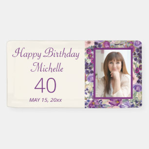 Purple Blush Pink Floral Birthday Welcome Photo Banner