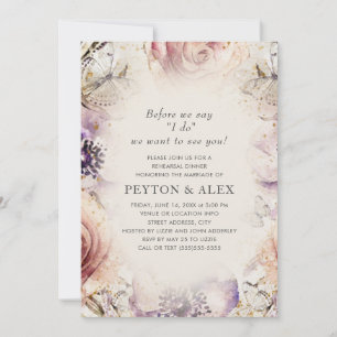Purple Blush Pink Floral Butterflies Cream Invitation