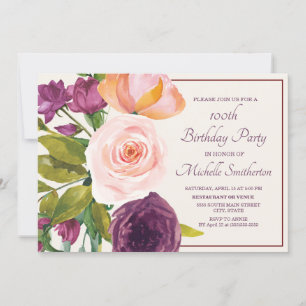 Purple Blush Pink Floral Cream 100th Birthday