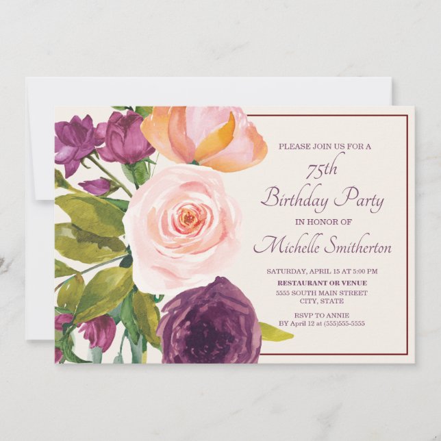 Purple Blush Pink Floral Cream 75th Birthday (Front)