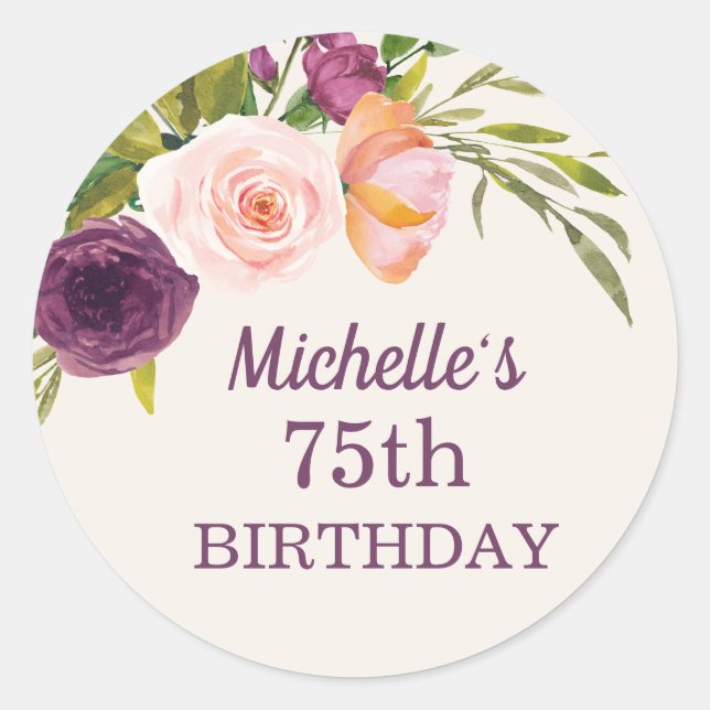 Purple Blush Pink Floral Cream 75th Birthday Classic Round Sticker (Front)