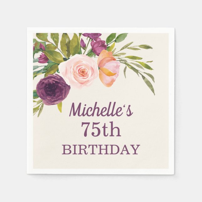 Purple Blush Pink Floral Cream 75th Birthday Napkin (Front)