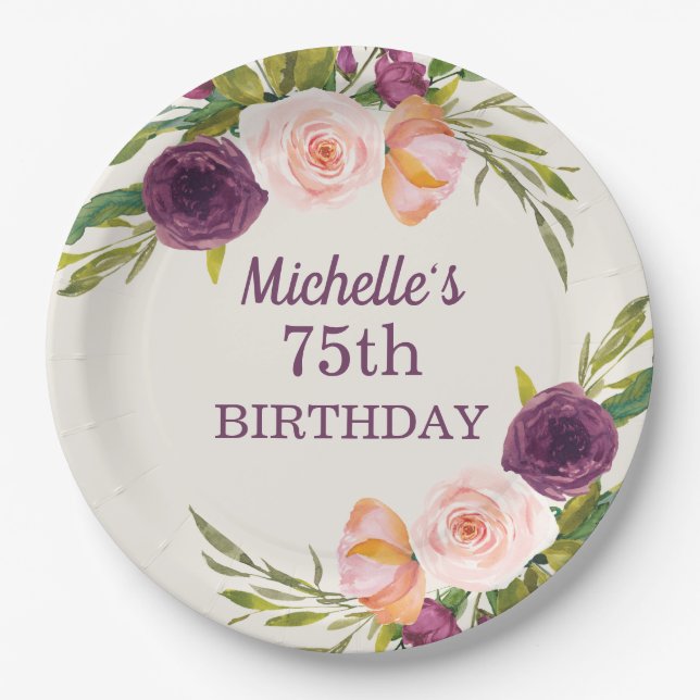 Purple Blush Pink Floral Cream 75th Birthday Paper Plate (Front)
