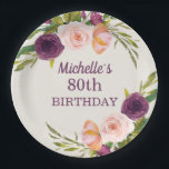 Purple Blush Pink Floral Cream 80th Birthday Paper Plate<br><div class="desc">Beautiful purple,  burgundy,  and blush pink watercolor floral on cream-coloured 80th birthday party custom paper plates for women.  Contact us for help with customization or to request matching products.</div>