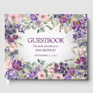 Purple Blush Pink Floral Custom 80th Birthday Guest Book