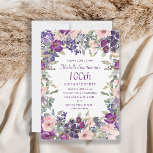 Purple Blush Pink Floral Foliage 100th Birthday Invitation