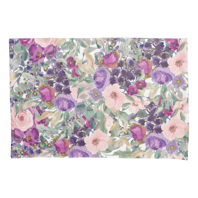 Purple Blush Pink Floral Green Leaves Pillowcase (Front)
