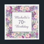 Purple Blush Pink Floral Leaves 70th Birthday Napkin<br><div class="desc">These 70th birthday party paper napkins are designed with a cute wreath of purple and blush pink watercolor floral and sage green leaves.  Text is fully customizable,  so design these paper party napkins for anyone of any age.</div>