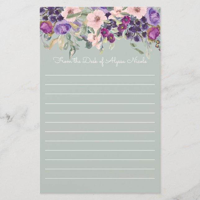 Purple Blush Pink Floral Sage Green White Lined Stationery (Front)