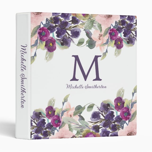 Purple Blush Pink Flowers Monogram Binder (Front/Spine)