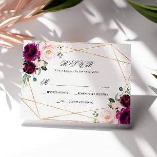 Purple & Blush Pink Rose Floral Wedding RSVP Card