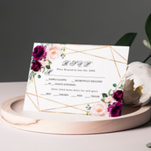 Purple & Blush Pink Rose Floral Wedding RSVP Card