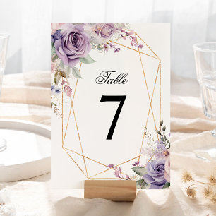 Purple & Blush Pink Rose Wedding Table Number