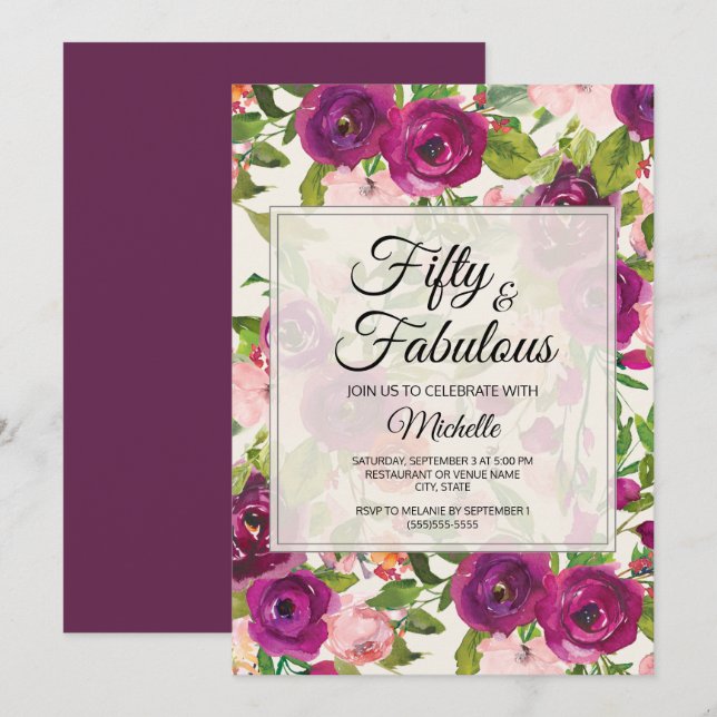 Purple Blush Pink Watercolor Floral 50th Birthday Invitation (Front/Back)