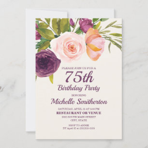 Purple Blush Pink Watercolor Floral 75th Birthday Invitation