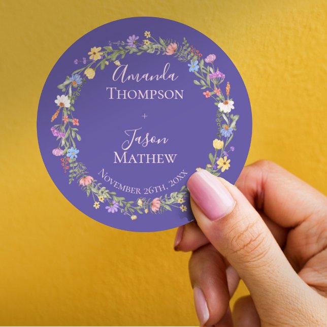Purple Blush Pink wildflower Floral Wreath Wedding Classic Round Sticker (Creator Uploaded)