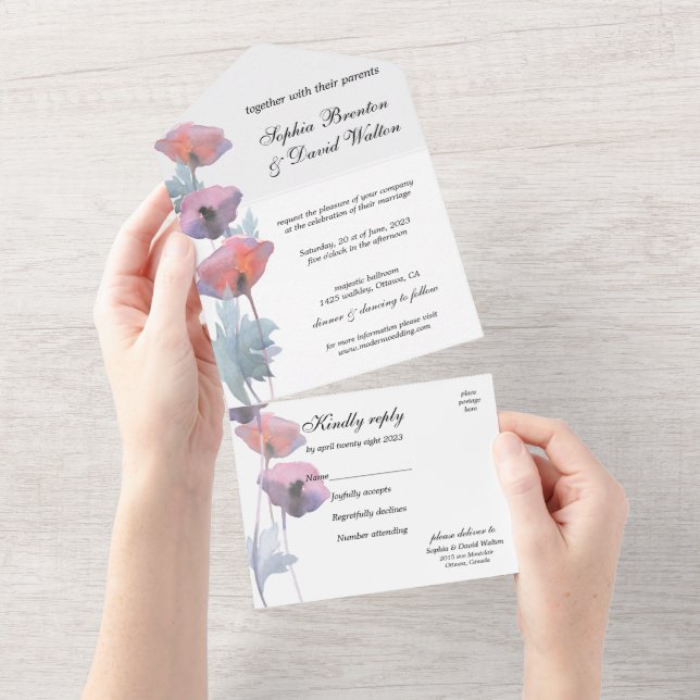 Purple blush poppy floral    all in one invitation (Tearaway)
