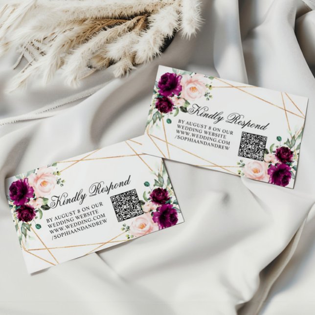 Purple & Blush Rose Floral Wedding QR Code RSVP Enclosure Card (Creator Uploaded)
