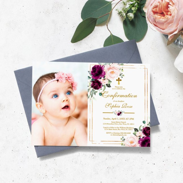 Purple & Blush Rose Flowers Photo Confirmation Invitation (Creator Uploaded)