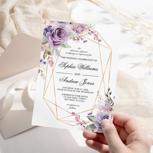 Purple & Blush Rose Flowers Wedding Invitation (Creator Uploaded)