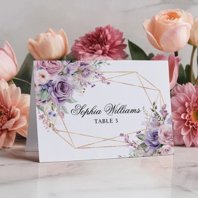 Purple & Blush Rose Flowers Wedding Place Card (Creator Uploaded)