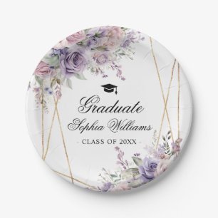 Purple & Blush Rose Graduation Party Girly Floral Paper Plate