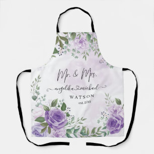 Purple Blush Roses Mr. and Mrs. Modern Script Apron