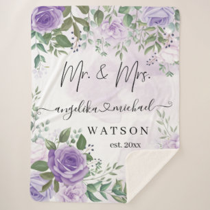 Purple Blush Roses Mr. and Mrs. Modern Script Sherpa Blanket