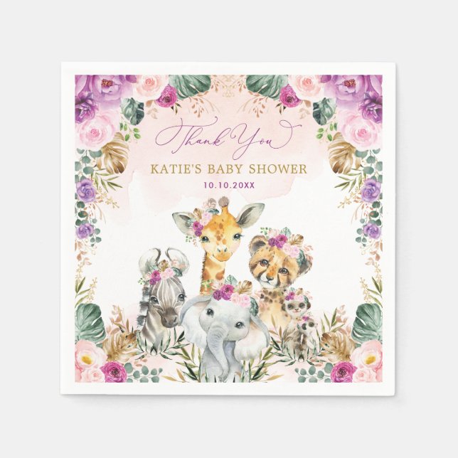 Purple Blush Tropical Jungle Safari Baby Shower Napkin (Front)