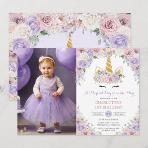 Purple Blush White Floral Unicorn Birthday Photo Invitation