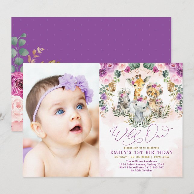 Purple Blush Wild One Jungle Animals 1st Birthday Invitation (Front/Back)
