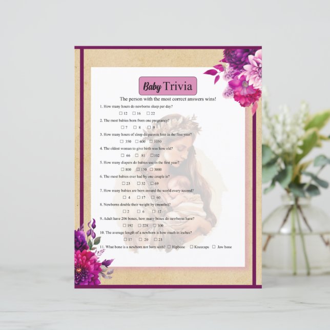 Purple Boho Baby Trivia Game (Standing Front)