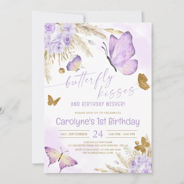 Purple Boho Butterfly Kisses and Birthday Wishes Invitation (Front)