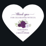 Purple Boho Chic Roses Elegant Wedding Thank You Heart Sticker<br><div class="desc">These beautiful heart shaped thank you stickers are perfect as wedding favour tags or envelope seals. They feature a beautiful rustic boho chic design with your names and the wedding date with a lovely cluster of hand painted watercolor roses and foliage in shades of purple,  lavender,  and plum.</div>