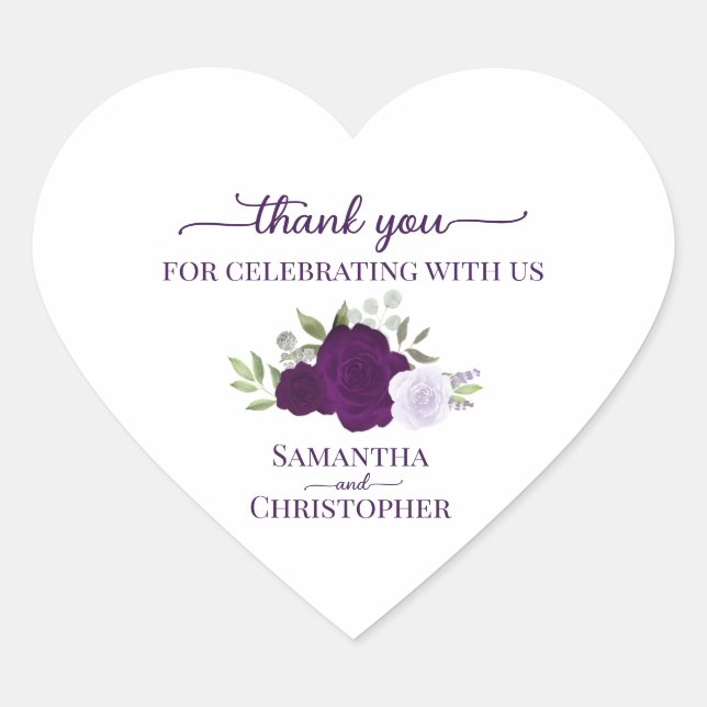 Purple Boho Chic Roses Elegant Wedding Thank You Heart Sticker (Front)