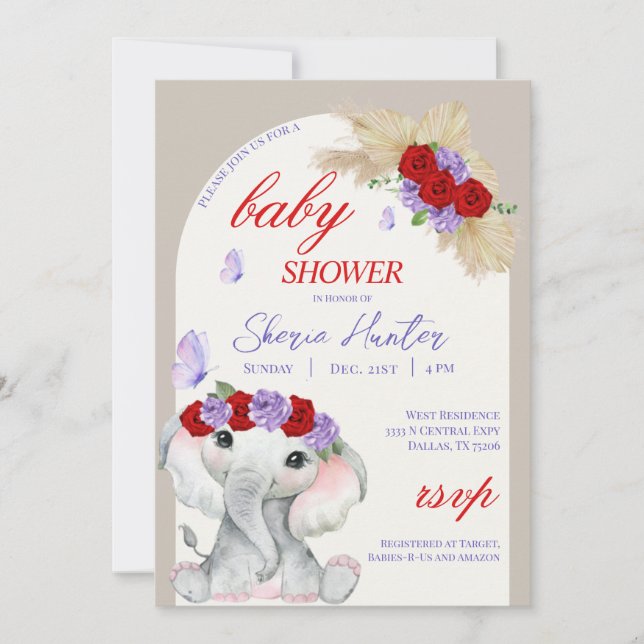 Purple Boho Elephant and Butterfly Baby Shower Invitation (Front)