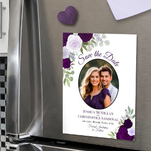 Purple Boho Floral & Photo Wedding Save the Date Magnetic Invitation
