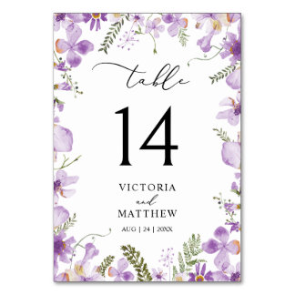 Purple Boho Floral Wedding Table Number