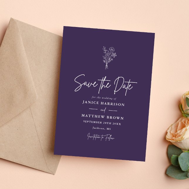 Purple Boho Minimalist Botanicals Wedding Save The Date (Purple boho botanical save the date adds vibrant elegance and sets a romantic tone for your wedding.)