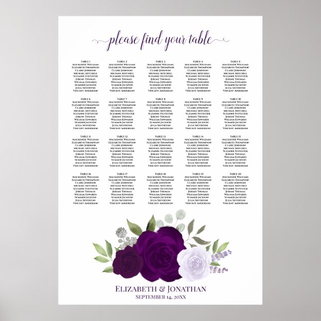 Purple Boho Roses 20 Table Wedding Seating Chart (Front)