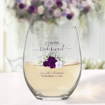 Purple Boho Roses Bridesmaid Maid of Honour Gift Stemless Wine Glass<br><div class="desc">This set is the perfect choice for thanking the bridesmaids and maid of honour at your wedding. The beautiful boho chic design features a cluster of hand painted watercolor roses in shades of purple, plum, and lavender, along with eucalyptus sprigs and garden greenery. Her name & title appears in elegant...</div>