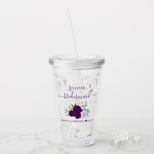 Purple Boho Roses Elegant Bridesmaid Wedding Acrylic Tumbler (Front Ice)