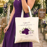 Purple Boho Roses Elegant Maid of Honour Wedding Tote Bag<br><div class="desc">These beautiful tote bags are a wonderful way to thank your maid of honour for being part of your wedding party. The design features a lovely boho chic floral cluster of hand painted watercolor roses in shades of purple, plum, and lavender, surrounded by sprigs of eucalyptus leaves and garden greenery....</div>