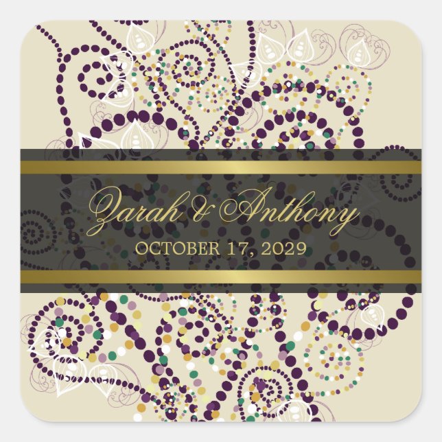 Purple Boho Spirals Elegant Chic Wedding Stickers (Front)