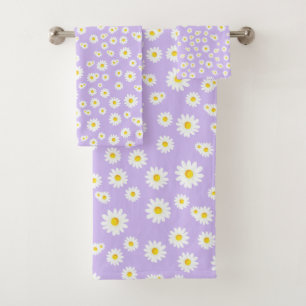 Purple Boho Spring Daisies Pattern Bath Towel Set